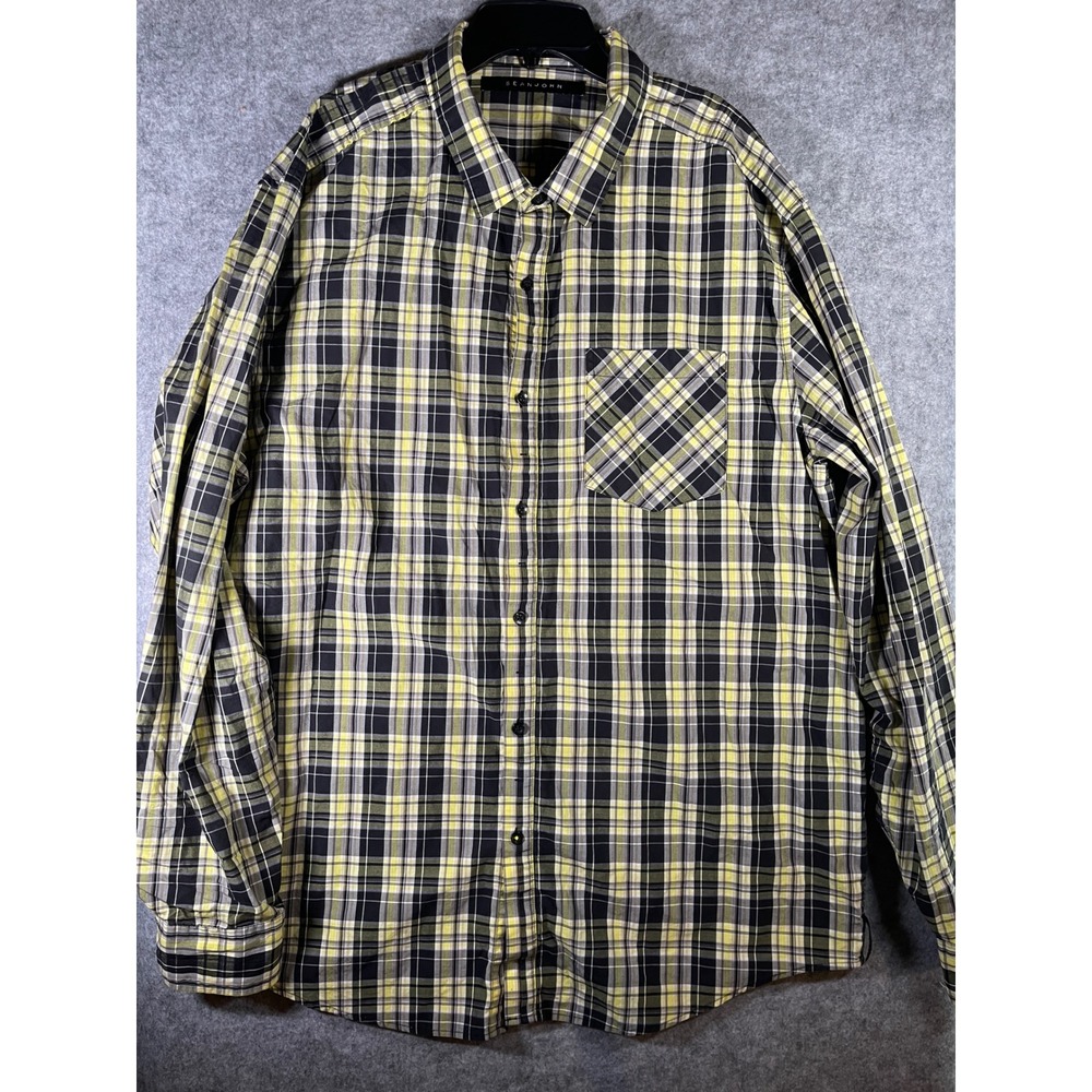 Sean John Mens Yellow Black Plaid Long Sleeve Button Down Shirt Size XL